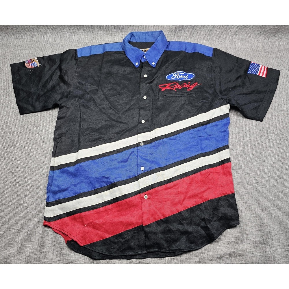 Jeff Hamilton Shirt Mens Large Black Ford Racing Ramie Colorblock Embroidered